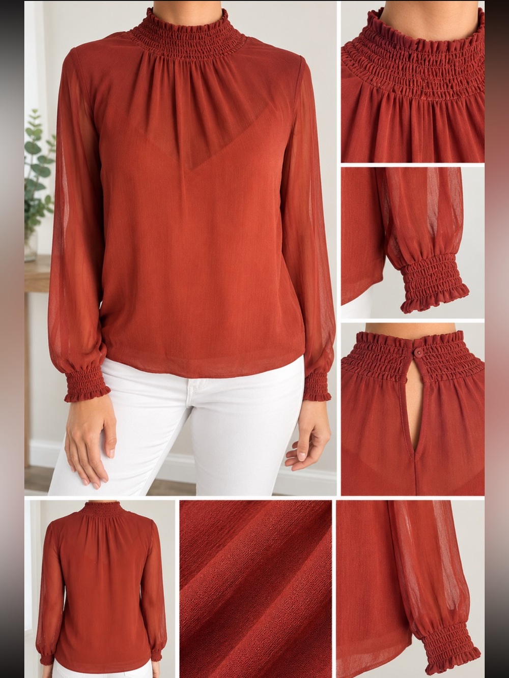 Express Rust Red Smocked Neck Long Sleeve Sheer Blouse with built in camisole